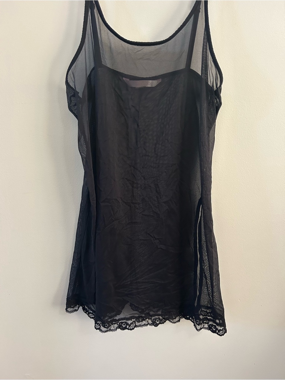 VTG Victoria's Secret Black Sheer Mesh Lace Trim Chemise Slip Dress USA Made